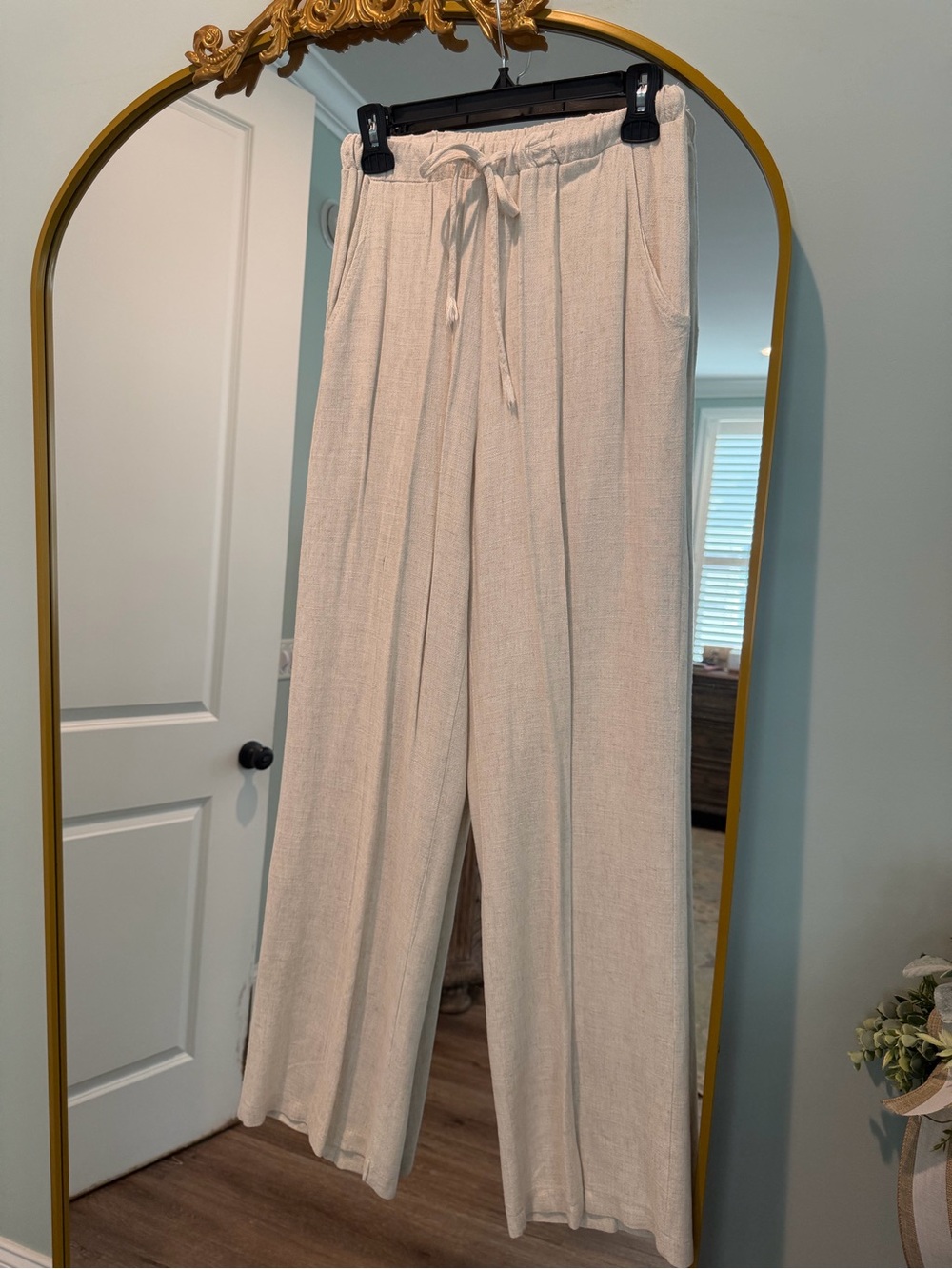 Karlie Cream Wide-Leg Drawstring Linen-Blend Pants